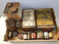 TRAY OF VARIOUS FUEL TINS ETC
