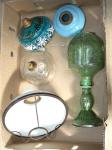 BOX WITH DIFFERENT COLOURED GLASS OIL LAMP BASES,