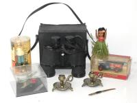 BOX WITH BINOCULARS, BRASS CAN