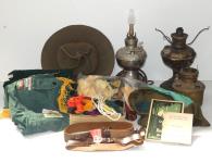 3 LAMP BASES & BOX OF SCOUT PA