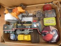 2 BOXES WITH TIN TOY TRAIN, AS