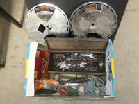BOX OF CAR BADGES, SPANNERS ET