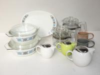 2 Boxes Of Pyrex & Tea Items
