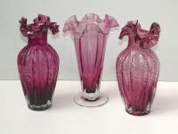 3 Cranberry Glass Vases With F