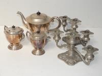 2 CANDLESTICKS & A PLATED TEA