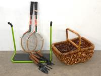 386 · CANE BASKET, 2 VINTAGE TENNIS