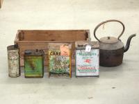 TIMBER BOX WITH OIL TINS & CAS