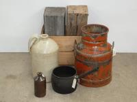 MILK CAN, CAST IRON SAUCEPAN,
