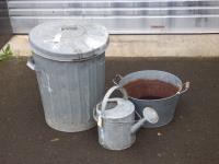 METAL TRASH CAN, WATERING CAN,