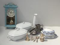 2 BOXES TUREENS, CLOCK & SILVE