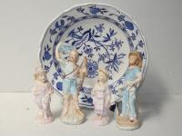 Blue & White Plate & 4 Bisque