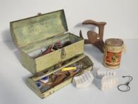 BOX OF SHOE LAST , OLD TIN PAINT ETC